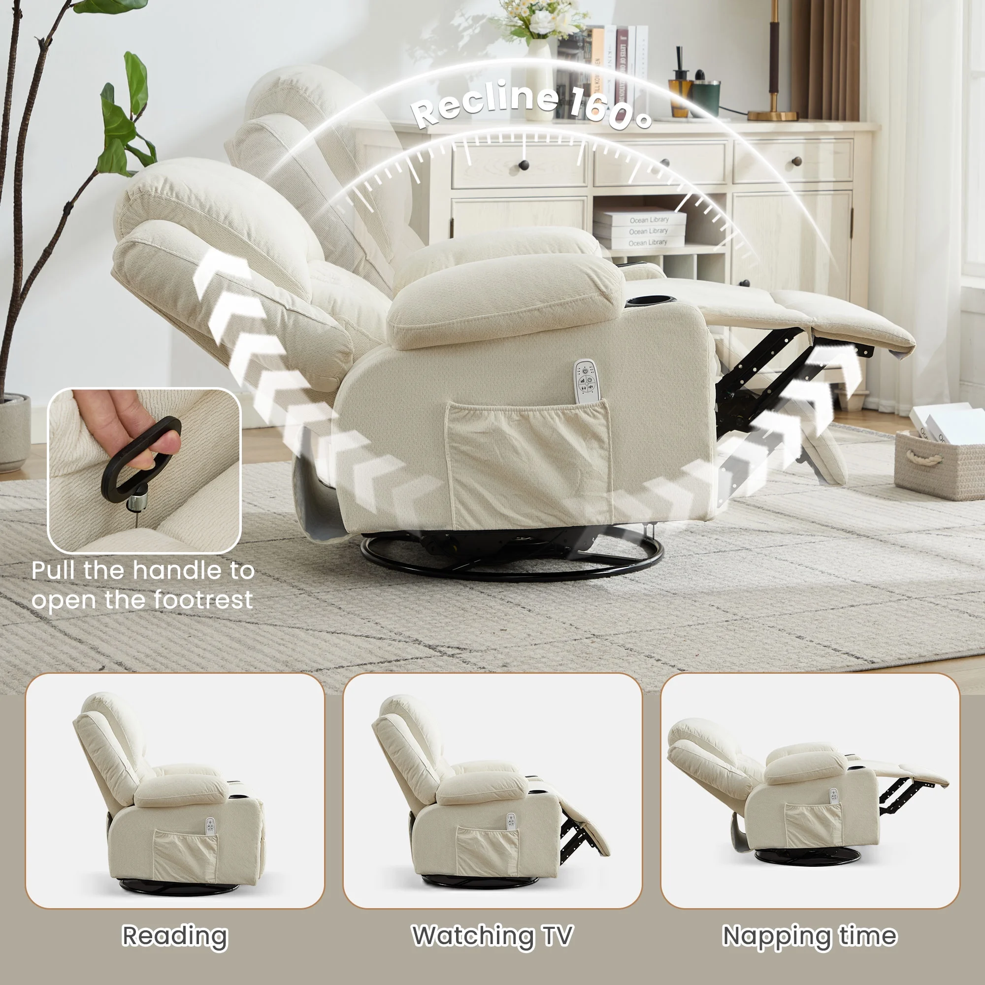 JONPONY Kneading Massage Rocker Recliner Chair with 4-Point 3D Kneading Massage and Heat Ergonomic Lounge Chair for Living Room with Rocking Function and 2 Cup Holders, USB Charge Port,Gray