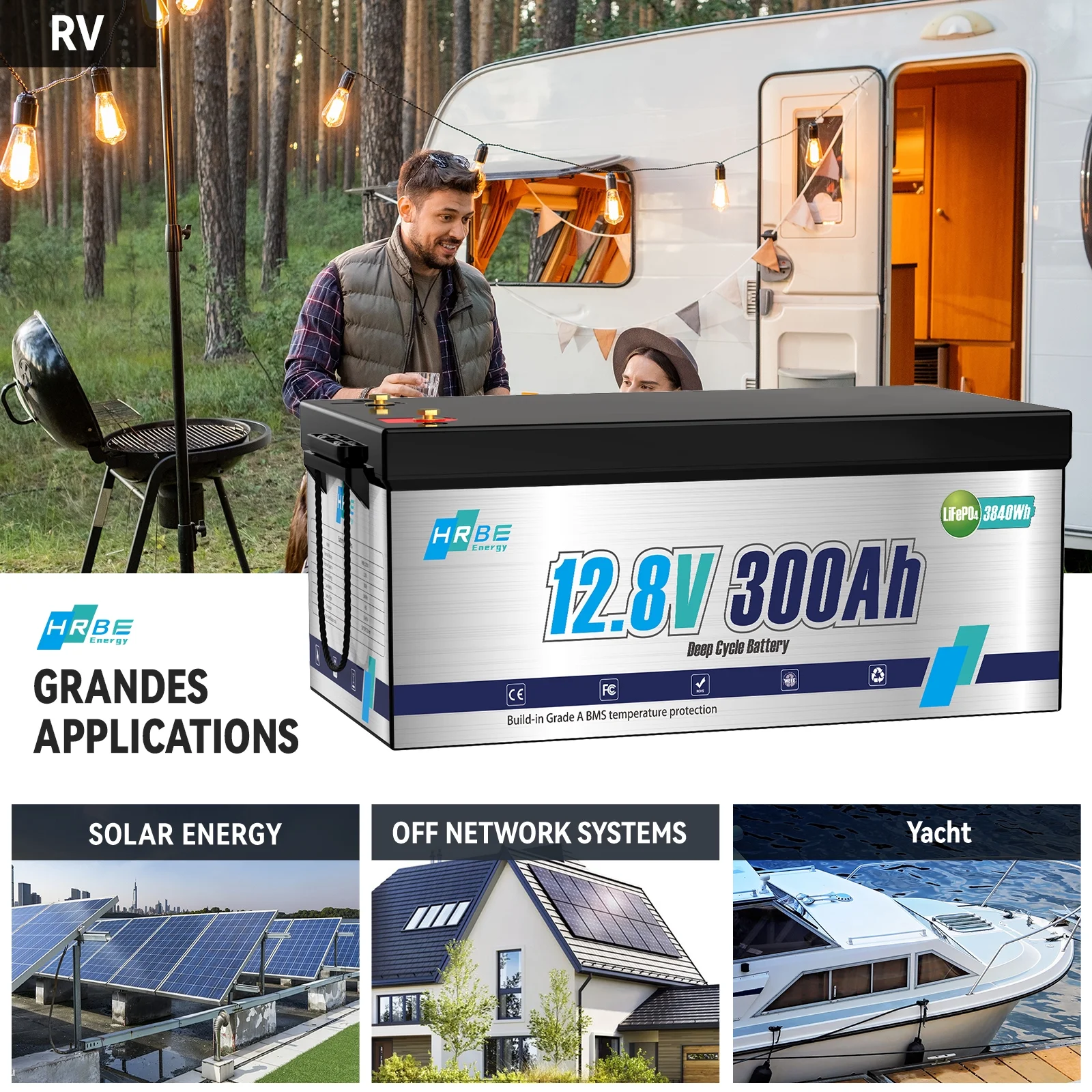 12V 300Ah LiFePO4 Lithium Battery,RV Batteries for Marine,Solar,Trolling Motor,Golf Carts,Motorhome,Camper,Home Energy Storage,Built in 200A BMS,HRBEENERGY 15000+Deep Cycles