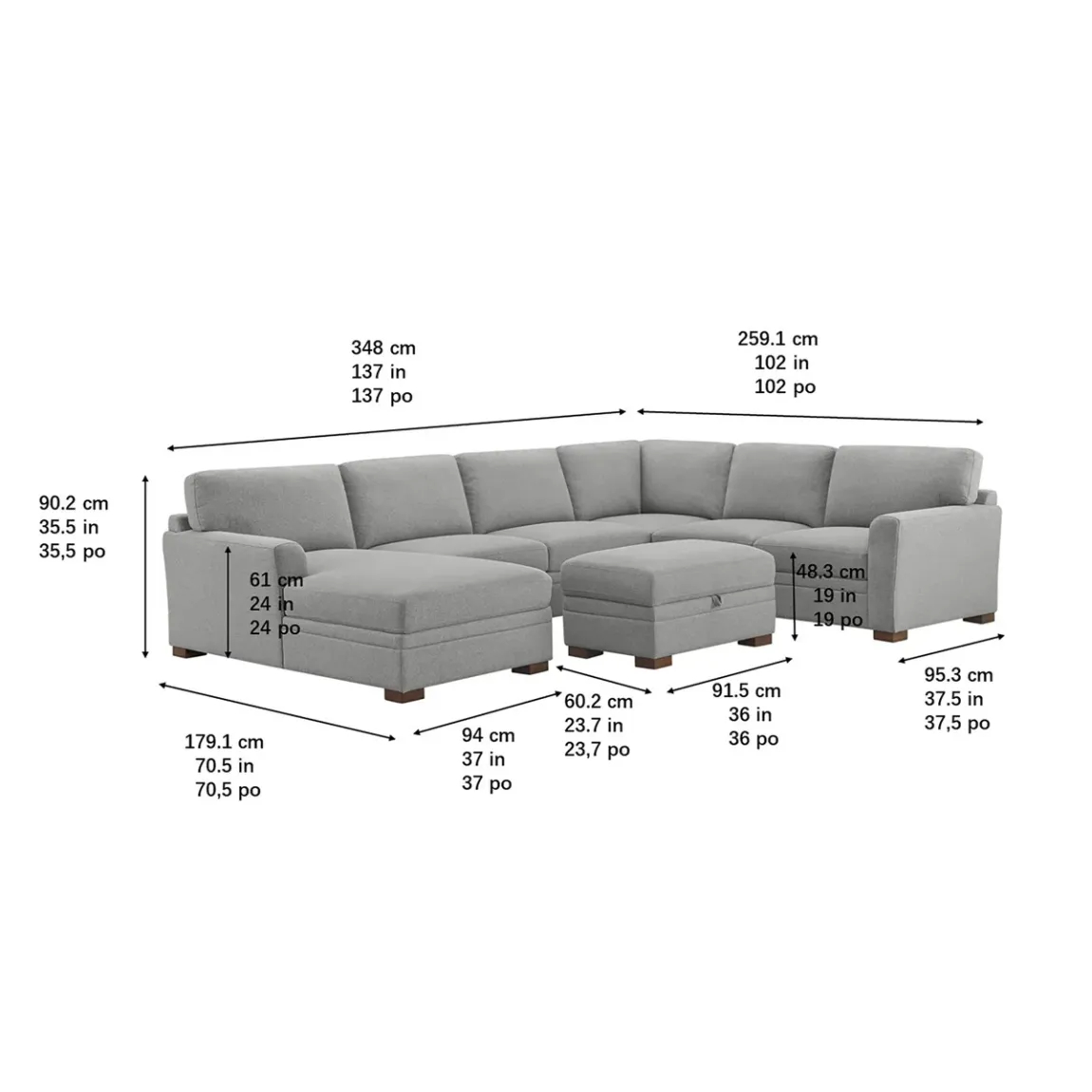 Thomasville Langdon Fabric Sectional with Chaise and Storage Ottoman.Gray - Online Shop