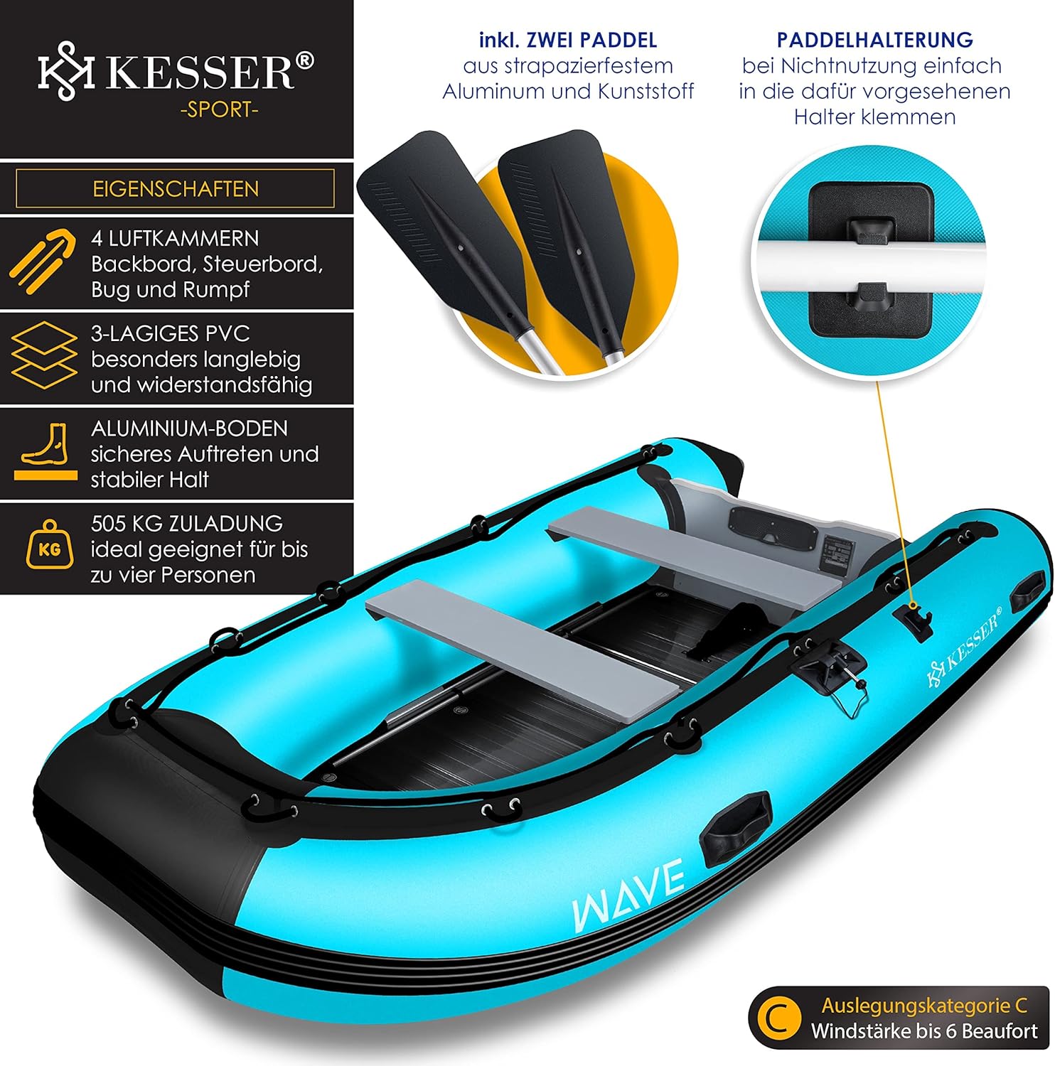 KESSER庐 Inflatable Boat 3.20 m for 4 People - Wave Motor Sui