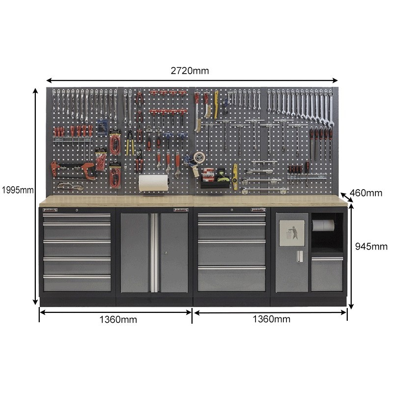 Workshop set with hardwood worktop.pegboard.tool cabinet - 10 drawers - workshop equipment 272 x 46 x 94.5 / 199.5 cm - Online Shop