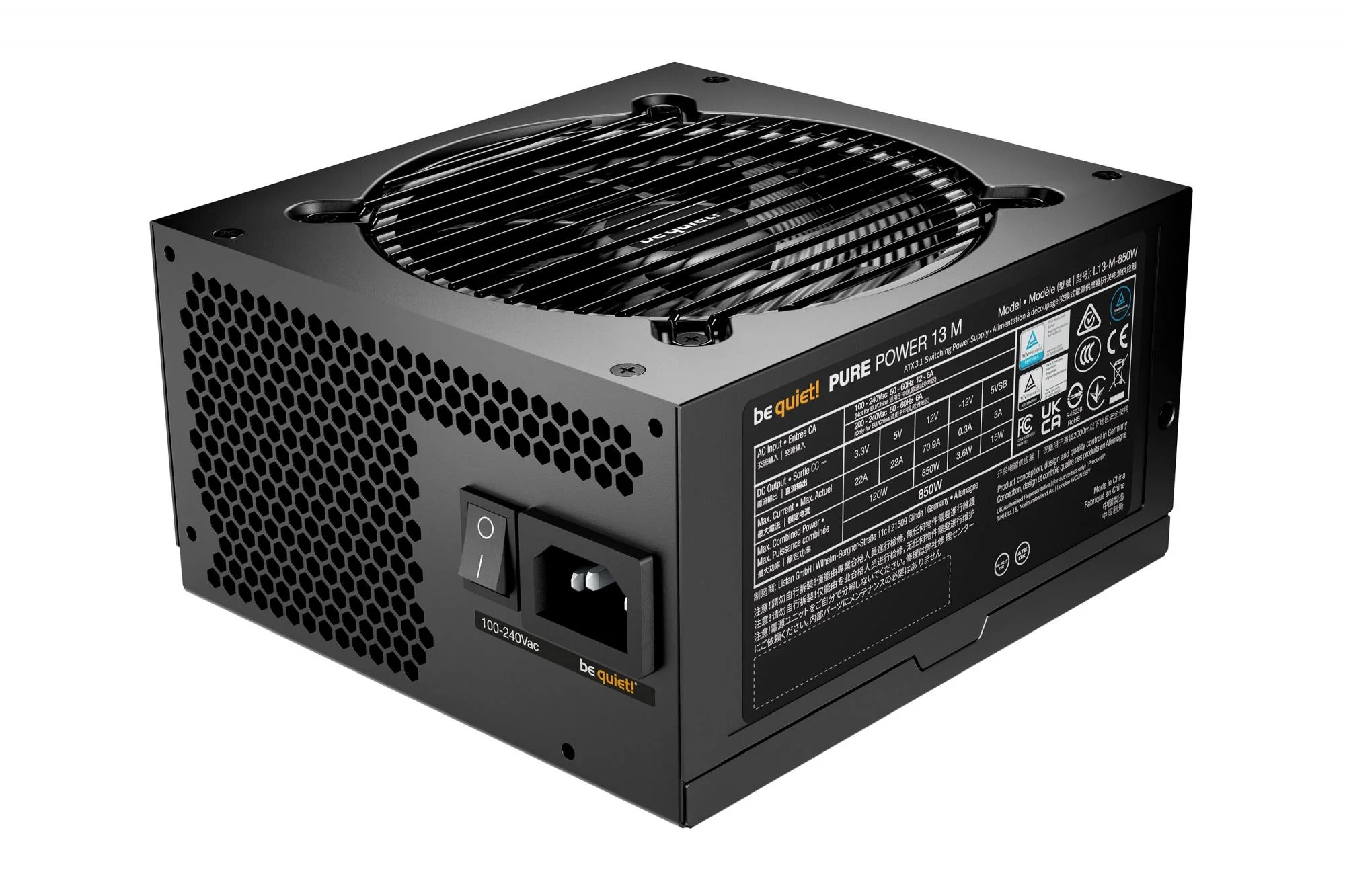 be quiet! Pure Power 13 M 850W. PC power supply black. 1x 12-pin high power GPU. 4x PCIe. cable management. 850 watts