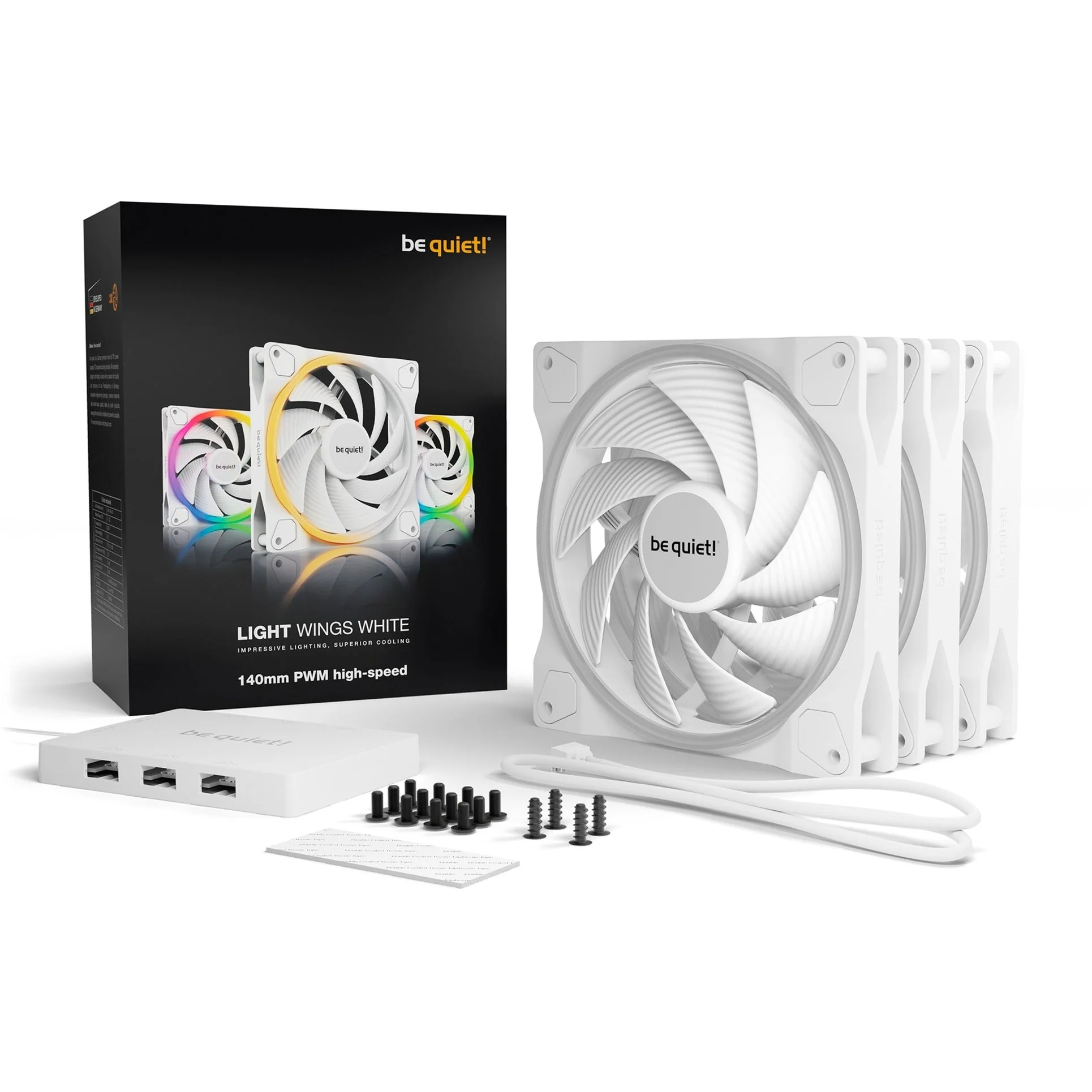be quiet! Light Wings White 140mm PWM high-speed triple pack. case fan (white. pack of 3. incl. ARGB hub)