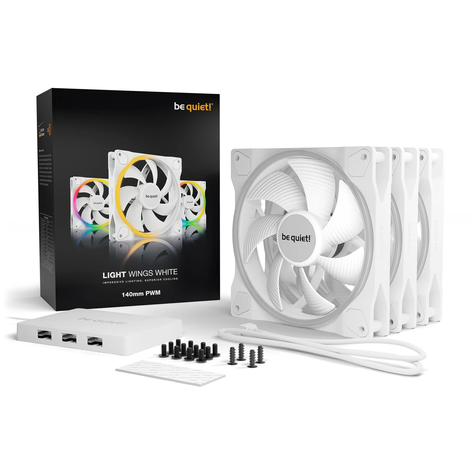 be quiet! Light Wings White 140mm PWM Triple Pack. case fan (white. pack of 3. incl. ARGB hub)