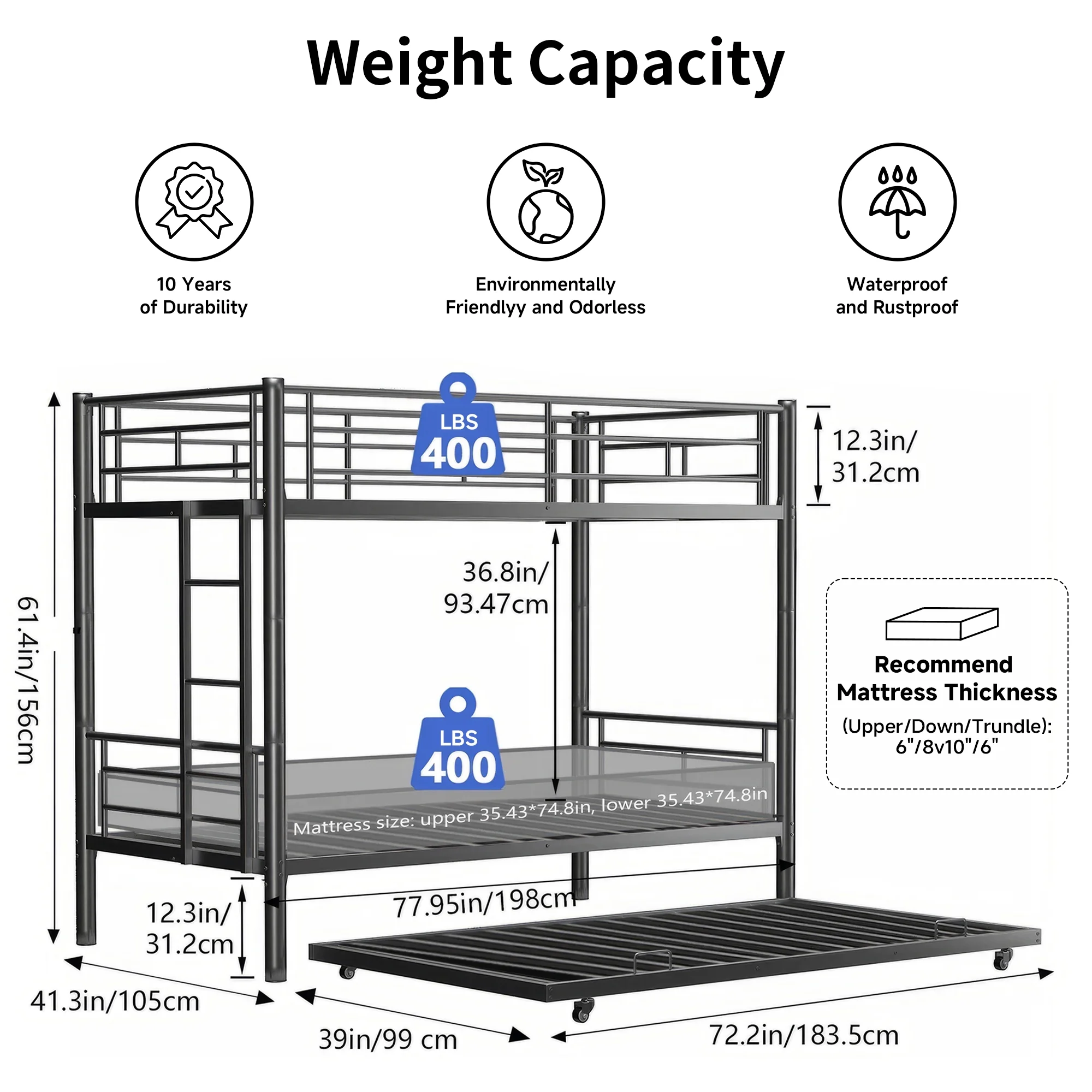 Alvantor Triple Bunk Beds Twin over Twin Bunk Bed with Trundle, Heavy Duty Metal Bed Frame with Guardrail, Divided Into 3 Twin Beds for Boys Girls Kids, Black