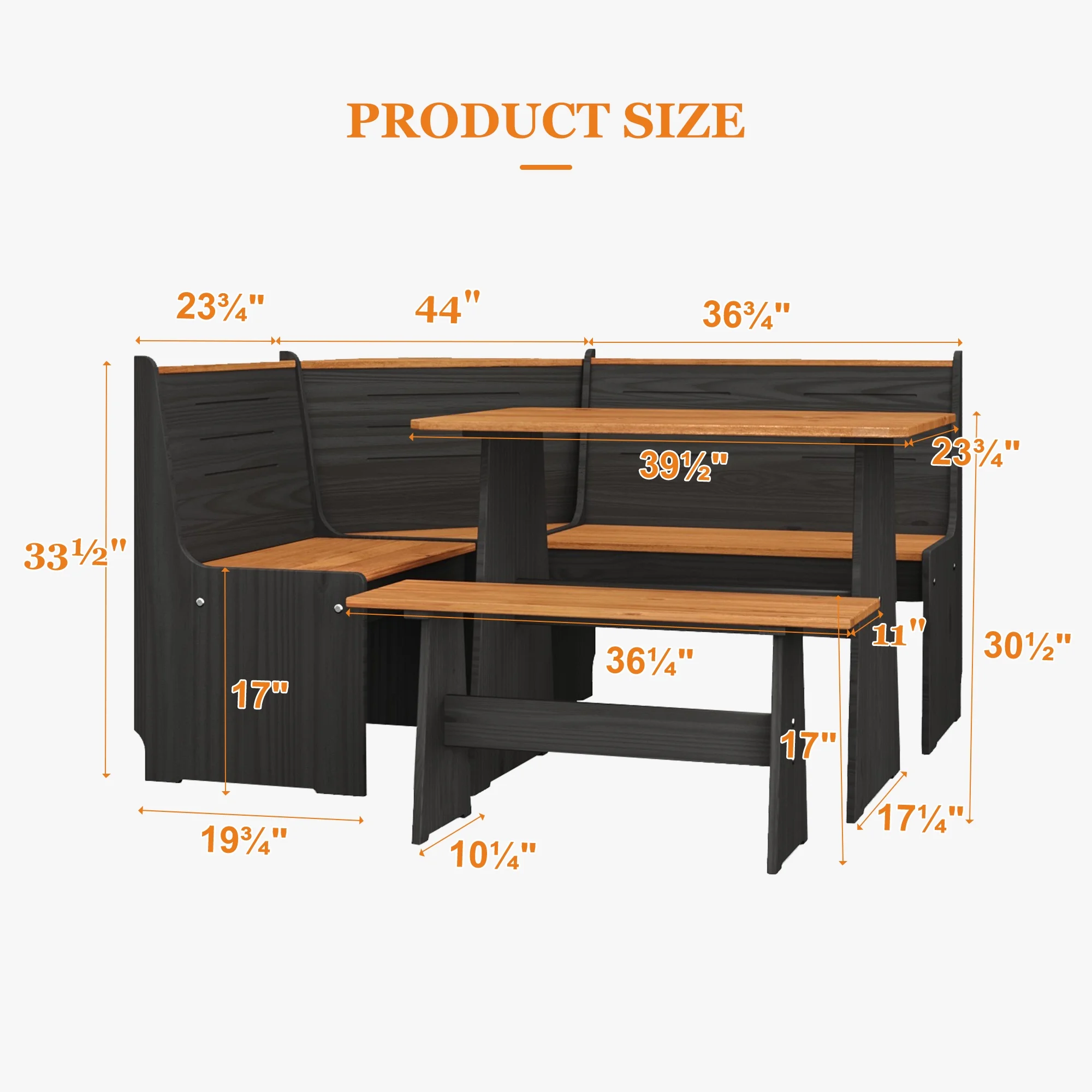 Breakfast Nook Kitchen Corner Dining Table Bench Chair Set, Space-Saving 3-4 Seat L-Shape Farmhouse Mid Century Modern Style for Family Home Black Wood