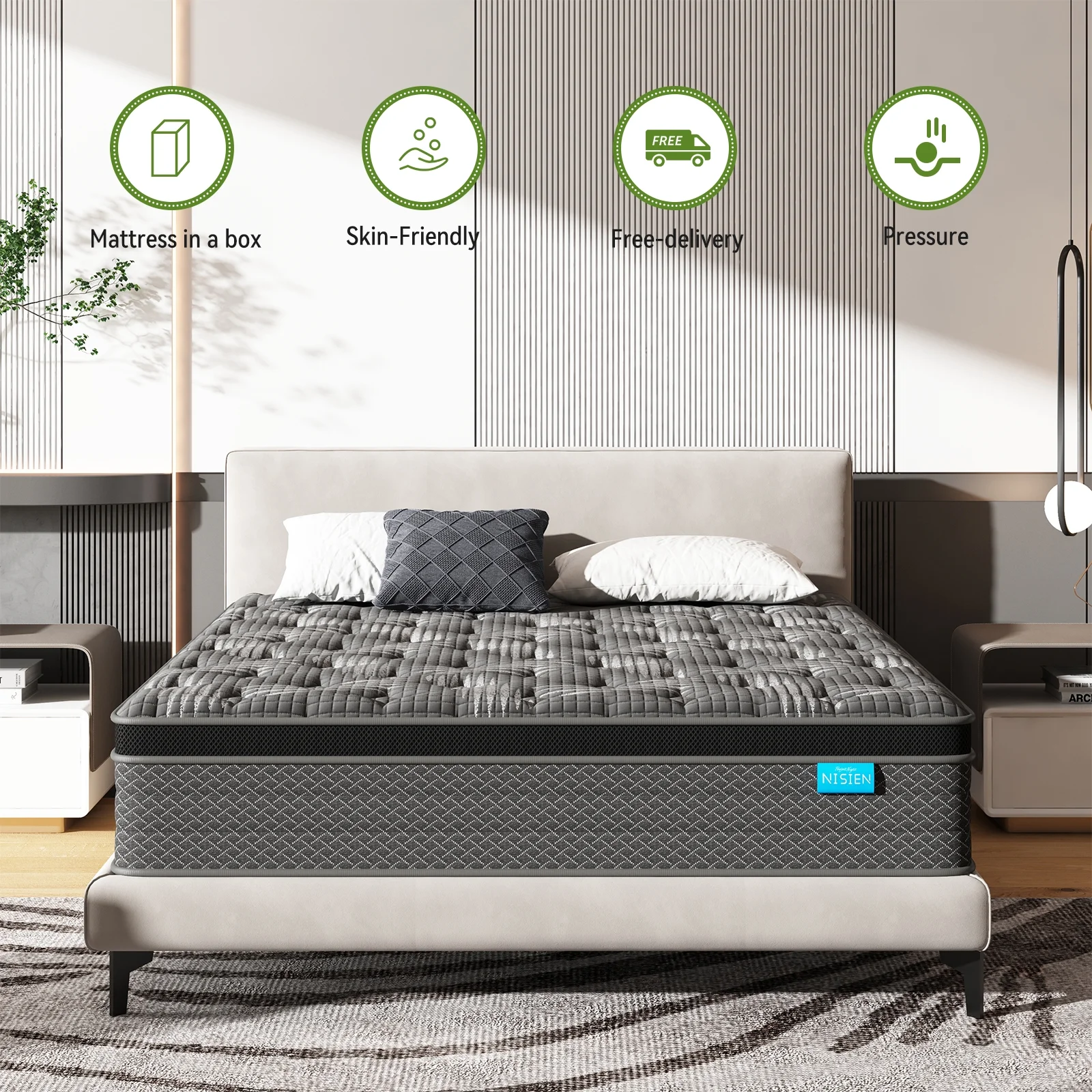 Nisien Black 10 inch Queen Mattress, Cooling Gel Memory Foam Hybrid Mattress in a box, Queen, Medium,Euro Top