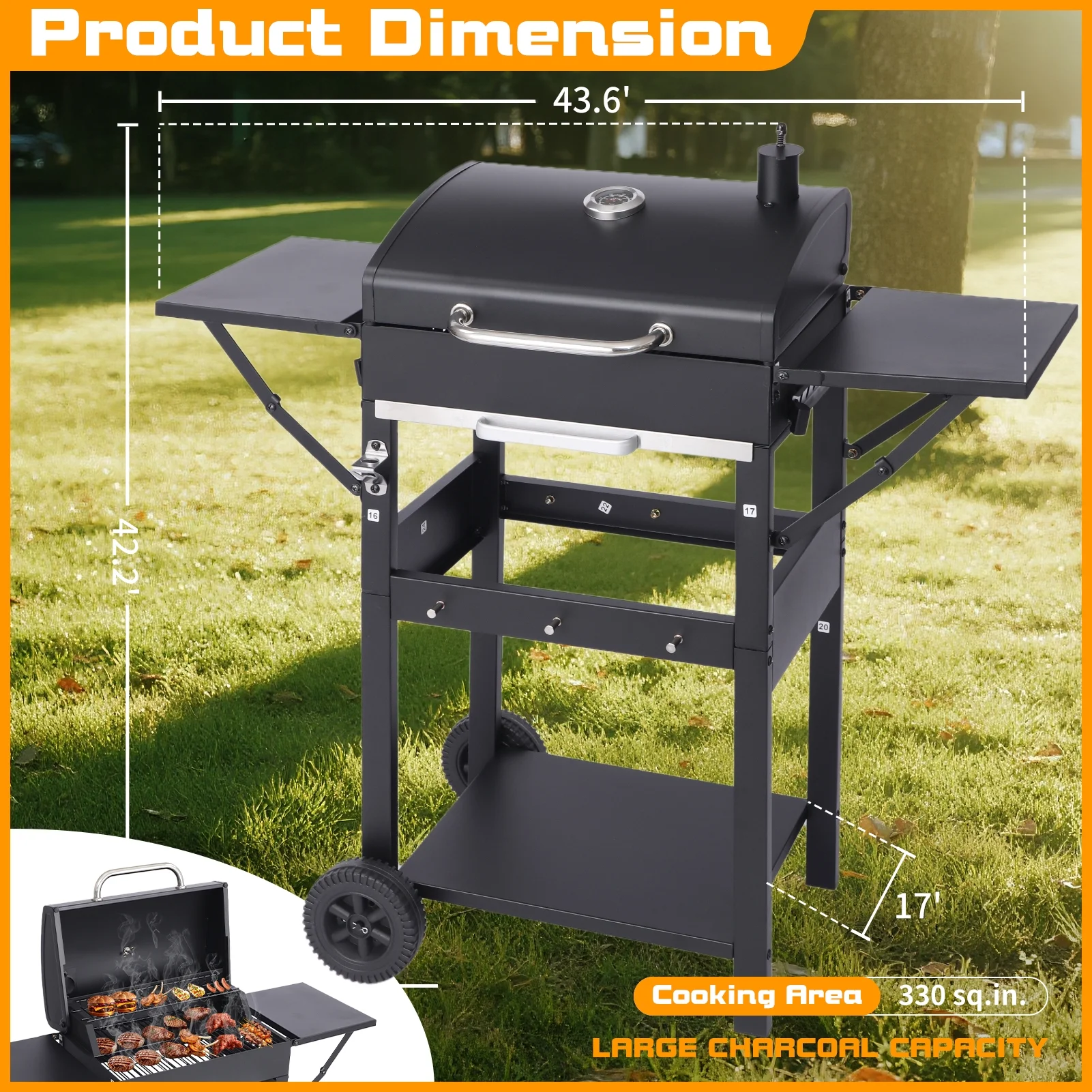 CIG GARDEN Grill with 2 Foldable Side Tables, Portable Charcoal Grill with 330 Sq.In.Cooking Area, Cast Iron Charcoal Grill with Pull-out Charcoal Trays