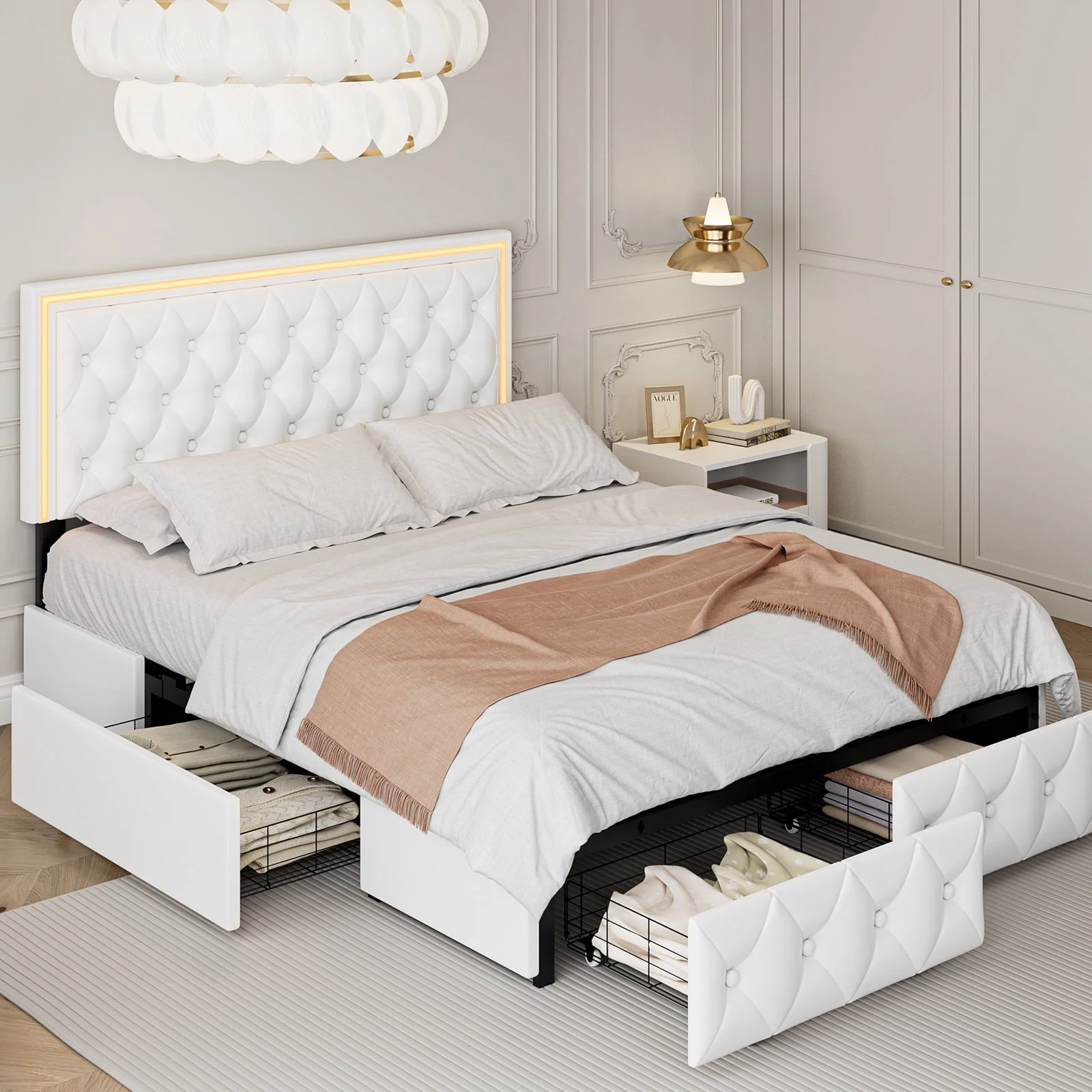 Homfa Queen LED Bed, 9 Colors LED Lights Platform Bed Frame with 4 Storage Drawers, Adjustable Upholstered Headboard with Button Tufted, PU White