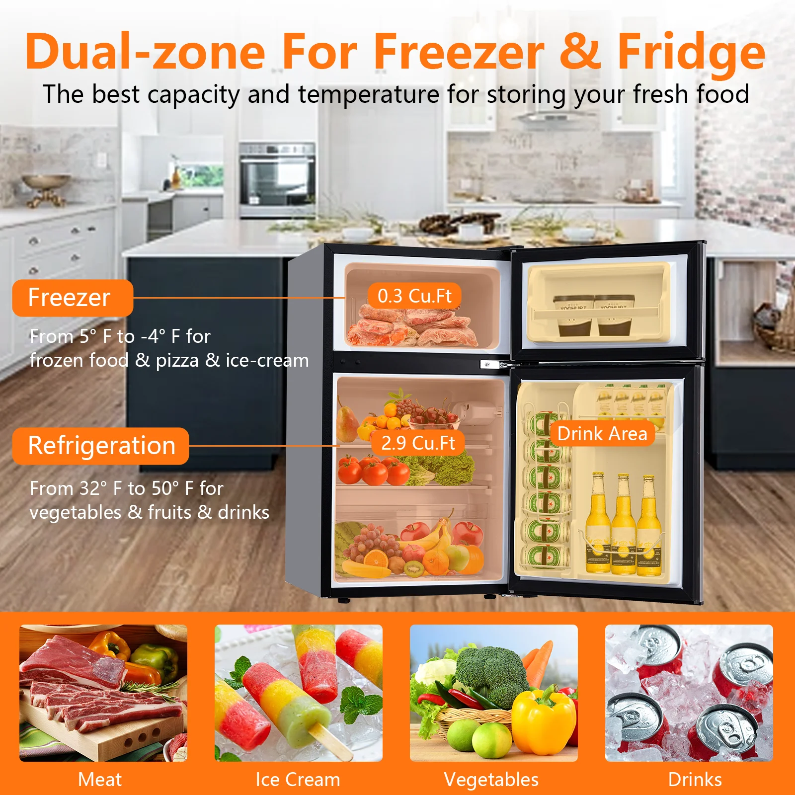 Yesurprise 3.2 Cu. Ft Mini Fridge with Freezer Small Refrigerators Double Door Stainless Steel 5 Thermostat Compact Internal Freezer with Crisper Drawer 90L