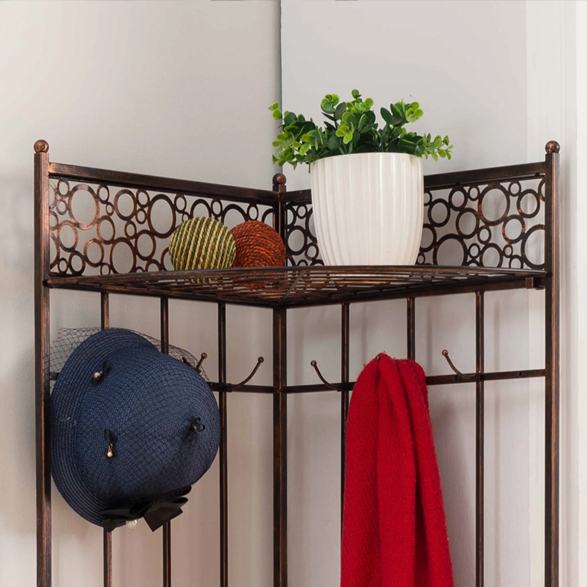 Kings Brand Furniture Brushed Copper Metal Corner Entryway Hallway Storage Bench with Coat Rack