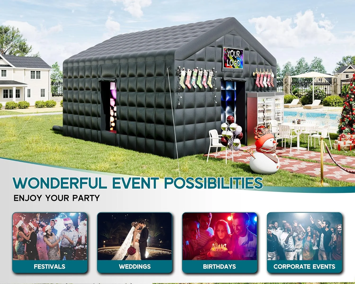 Jocisland 20x16x14 ft Large Black Inflatable Night Club Tent for Adults with 2 Side Doors, Inflatable Nightclub with Logo Area Gazebo Event House