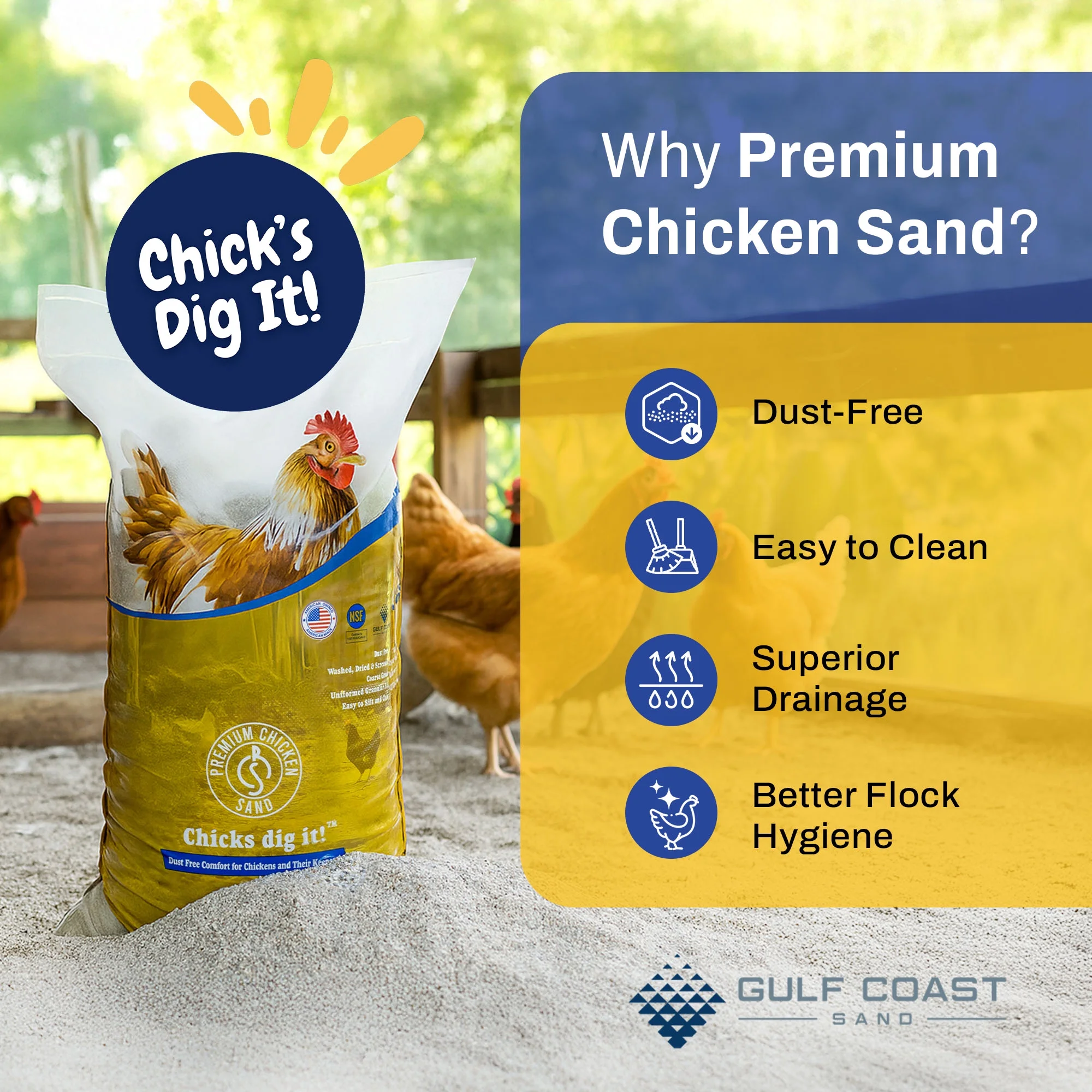 Premium Chicken Sand, Odor Eliminating Bedding for Coops, 50 Lb Bag, 8 Pack