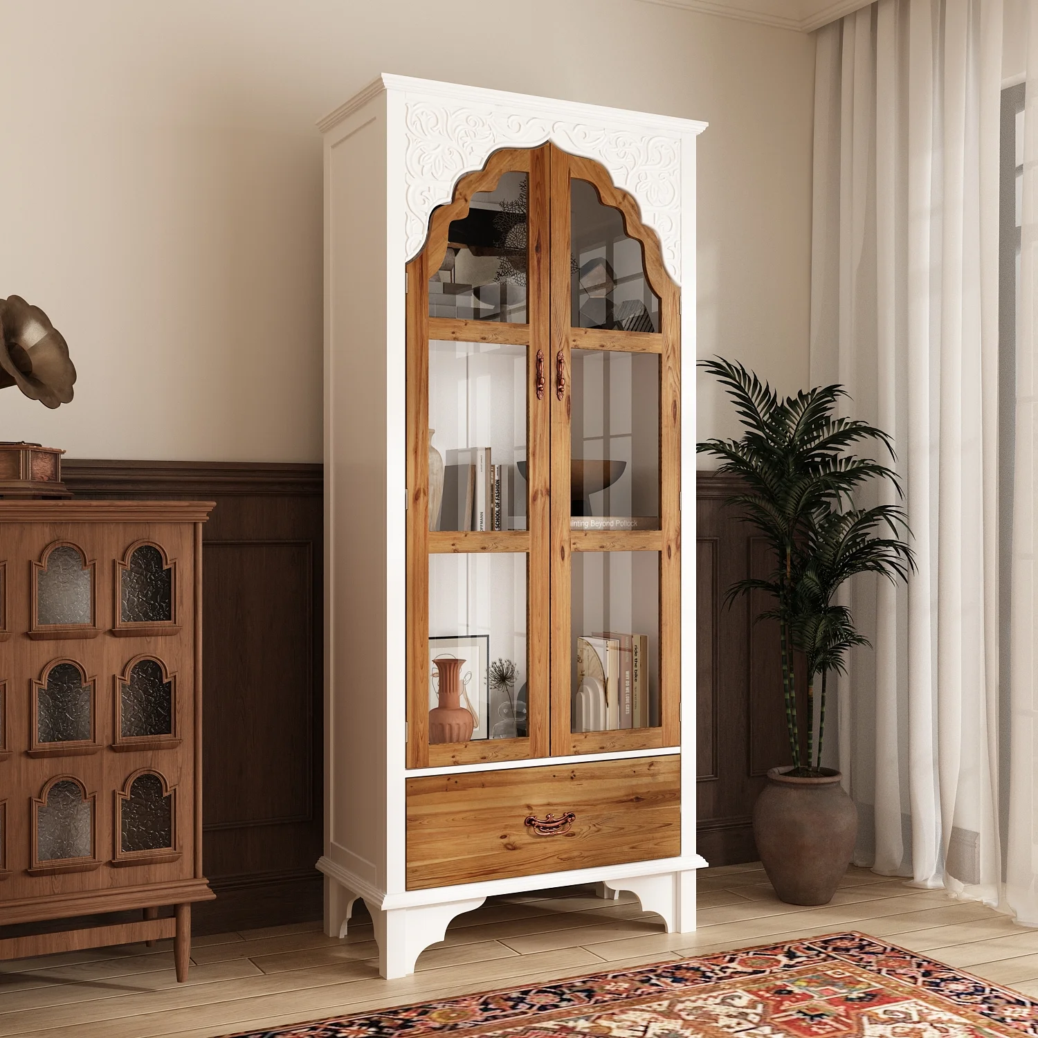 KULAGAGA 70.9-Inch Kitchen Pantry Cabinet with 3 Shelves & Drawer,Corner Storage Display with Carved Glass Doors for Dining Room, White