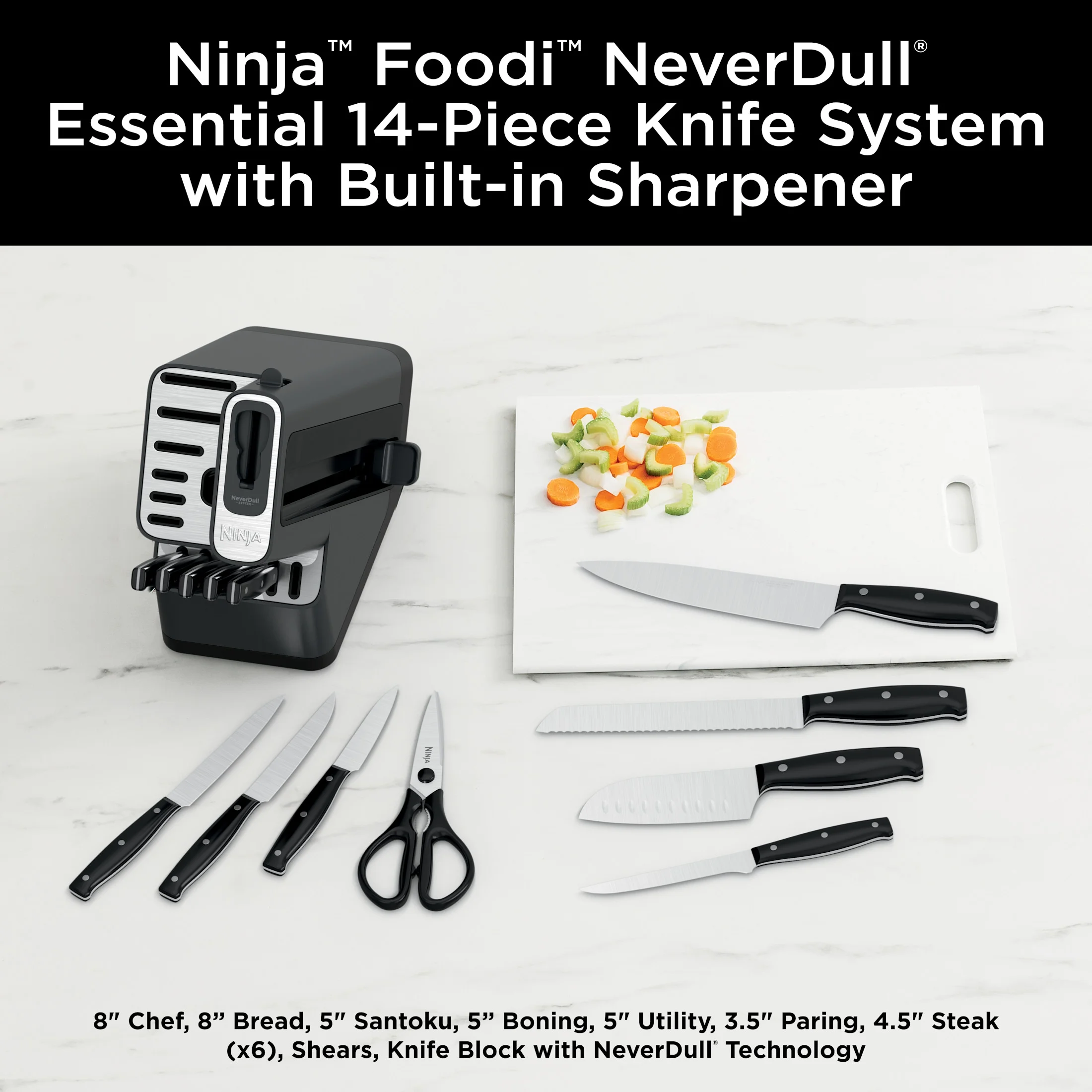 Ninja NeverDull 14-Piece Stainless Steel Essential Knife System with Built-in Sharpener, K12014 Black/Gray