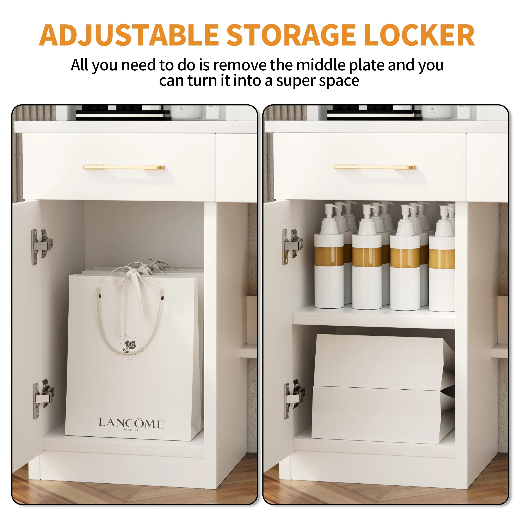 Furnibear Vanity Desk Set with Mirror and Light, Makeup Table with 2 Drawers and Cabinet, Power Outlet and 3 Color Modes Brightness Adjustable