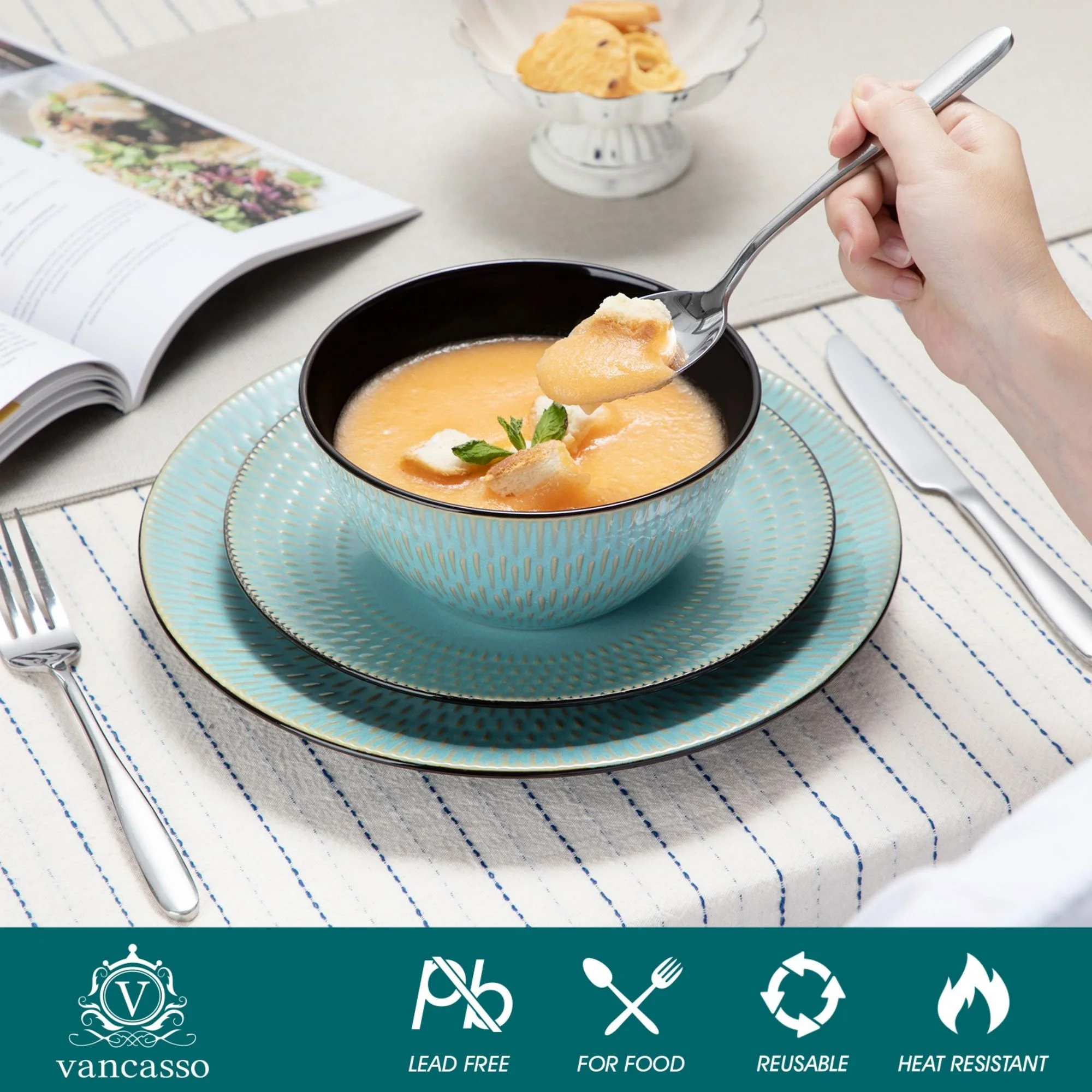 16-Piece Dinnerware Sets, Stoneware Dinner Set for 4, Round Green