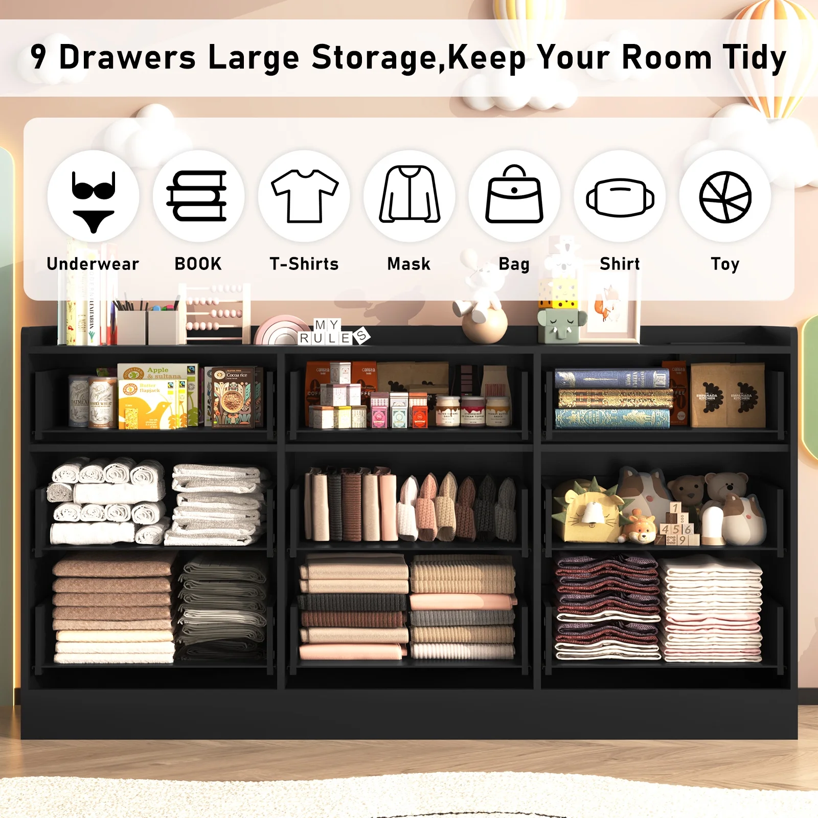 9 Drawer Dresser for Bedroom with Power Outlet, 63