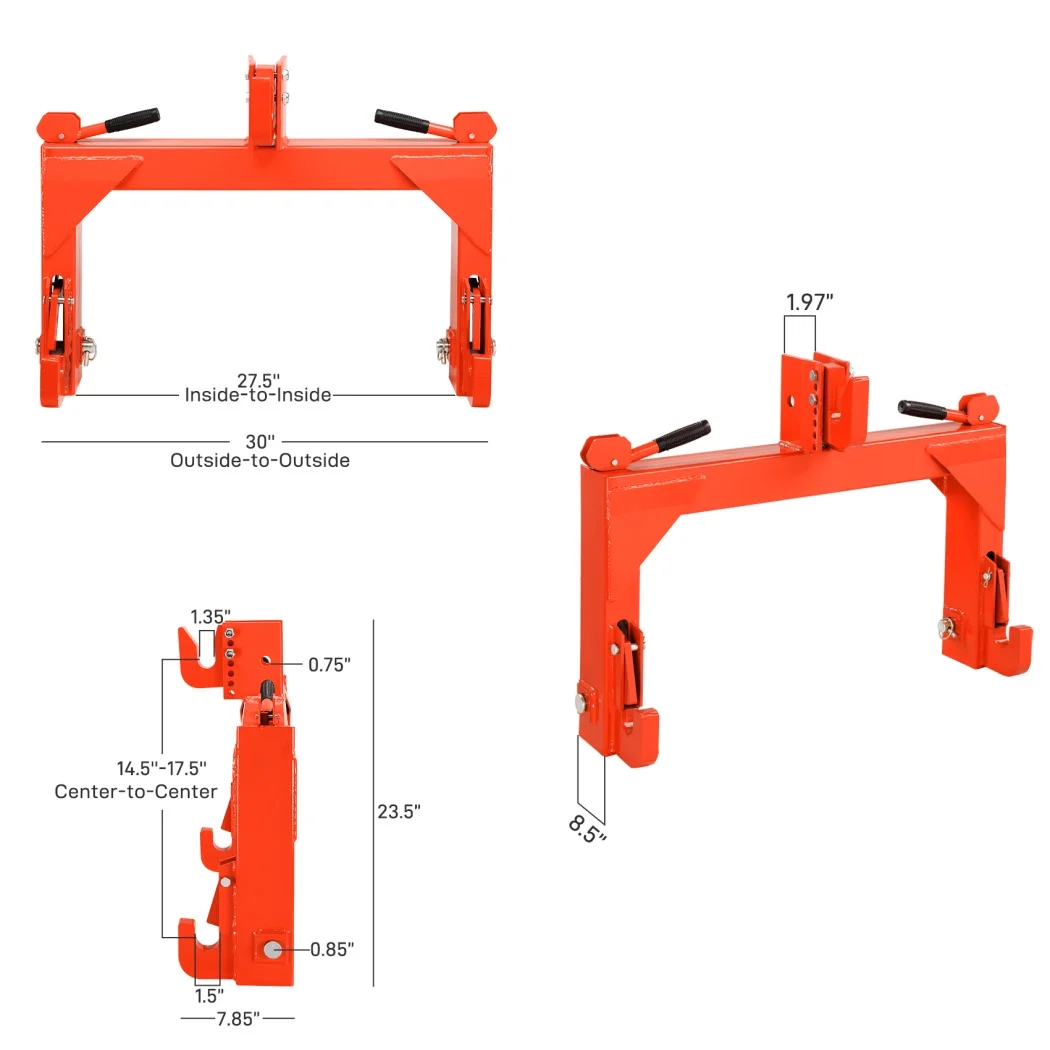 3 Point Quick Hitch, 3000 lbs 3-Pt Attachments Adaptation to Category 1 & 2 Tractor with 5 Level Adjustable Bolt (Orange)