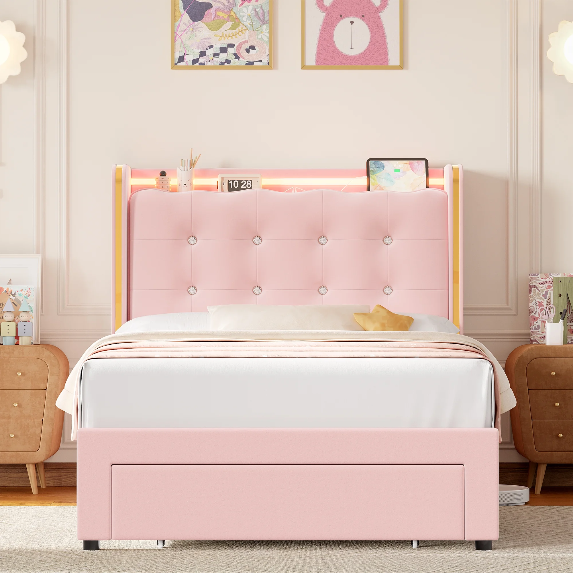 Homfa Twin Size LED Bed Frame with Drawer, Velvet Crystal Button Upholstered Platform Bed Frame with Outlets and USB Ports & Display Platform, No Box Spring Needed, Pink