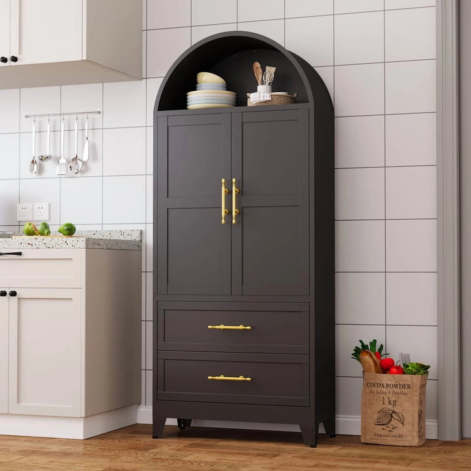 Erosoei Modern Metal Kitchen Pantry Storage Cabinet, Arched Pantry Cabinet with Shelves and Doors and 2 Drawers