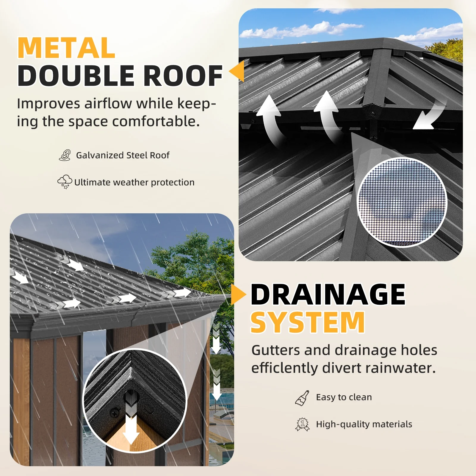EROMMY 10'x 12' Sunroom, with Front Door, Side Entrance, Galvanized Steel Double Top, Wood Grain Appearance, Aluminum Alloy Frame, Solarium Backyard Sun Room