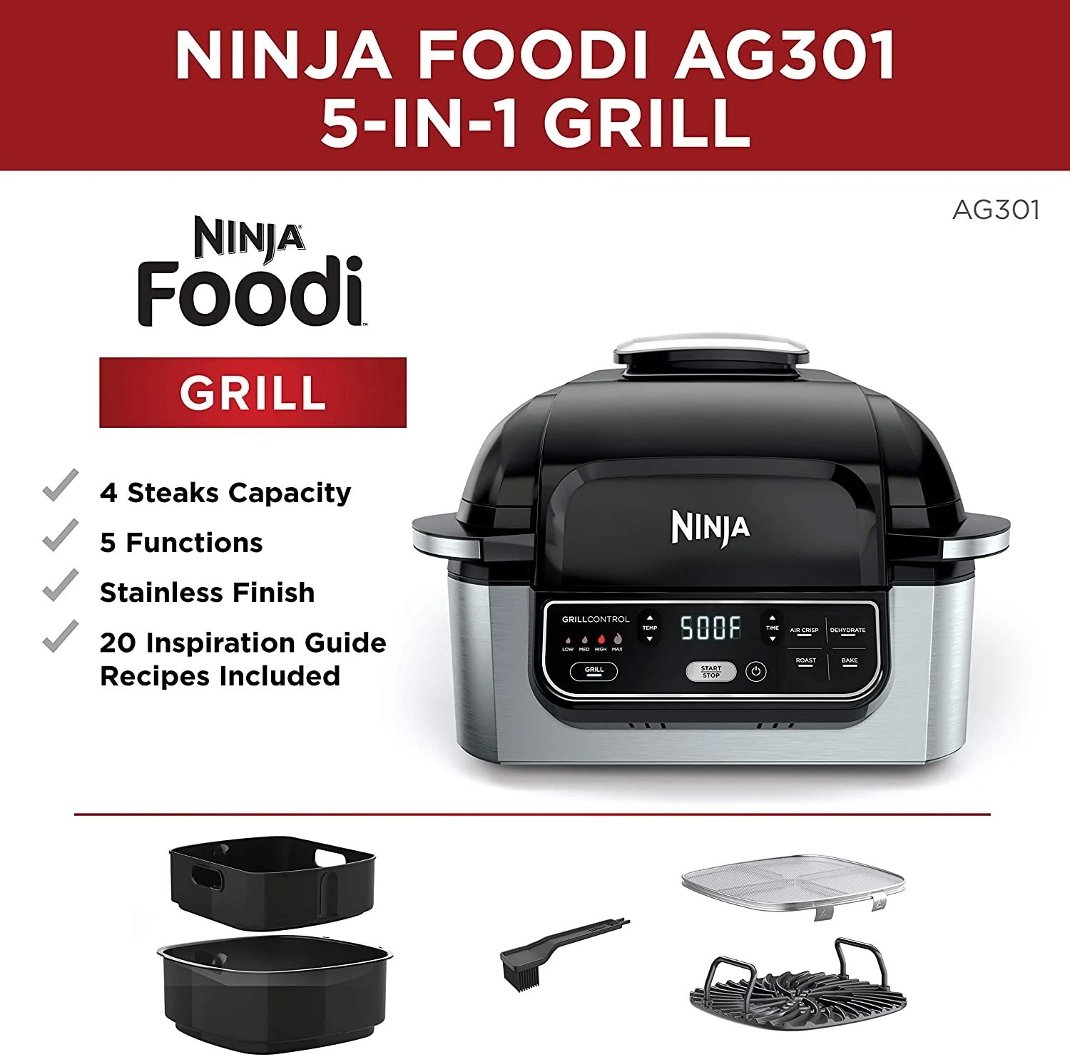Ninja AG301 Foodi 5-in-1 Indoor Grill with 4-Quart Air Fryer