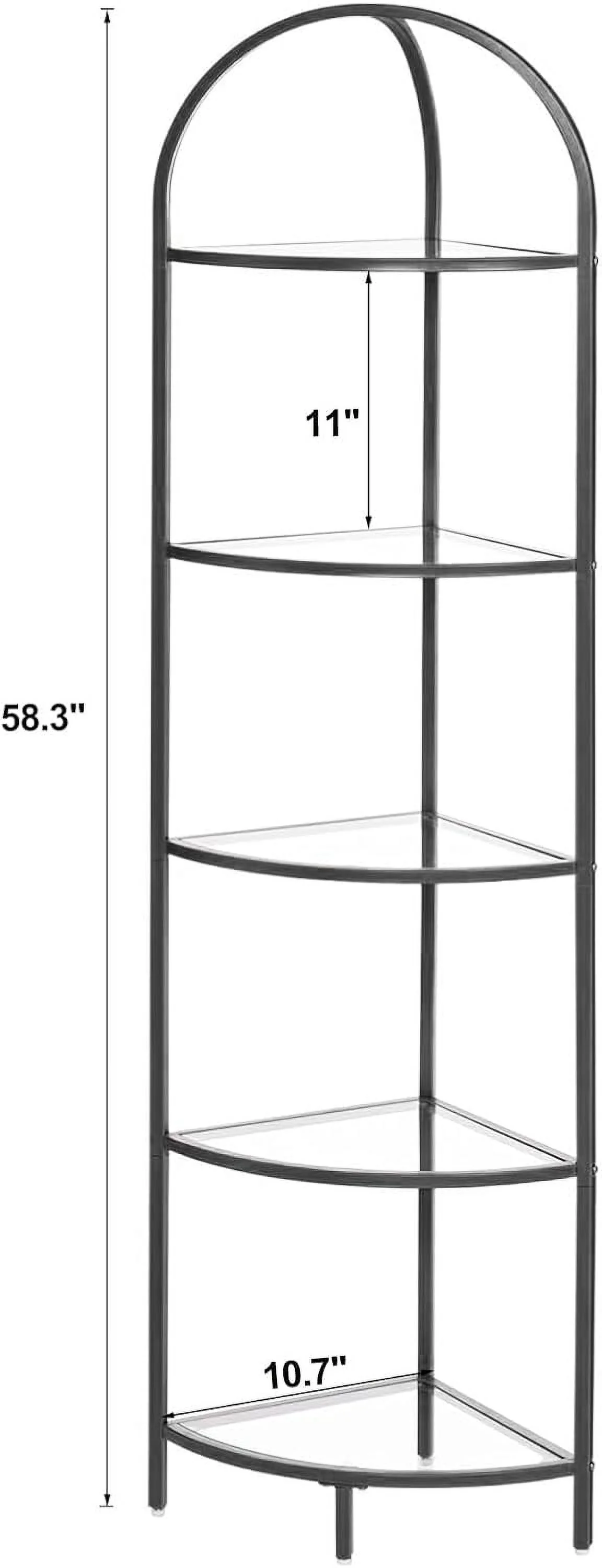 5-Tier Corner Shelf Stand, Metal Corner Bookshelf, Tempered Glass Shelves, Bathroom Storage Rack Shelf, Plant Stand, Modern Style, Black