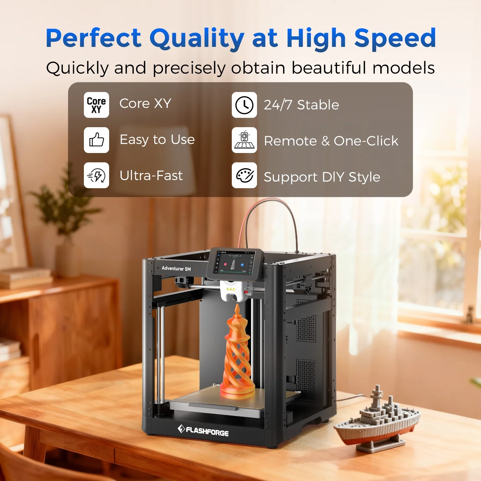 Flashforge 3D Printer Adventurer 5M, 3D Printers for Beginners Home DIY, High Speed Print Size 8.7 x 8.7 x 8.7in, Black