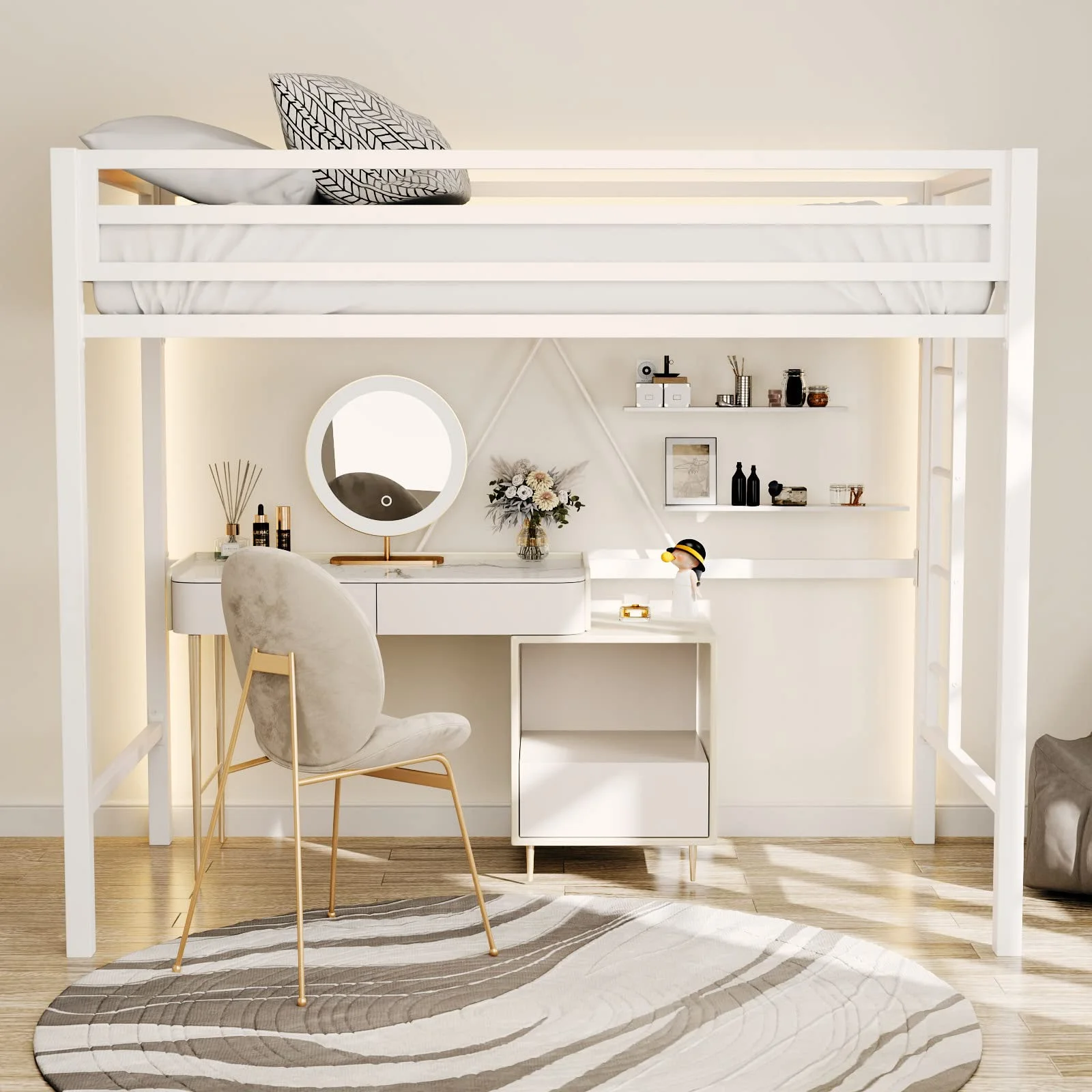 Einfach Metal Twin Size Loft Bed with Removable Ladder & Full-Length Guardrail, White