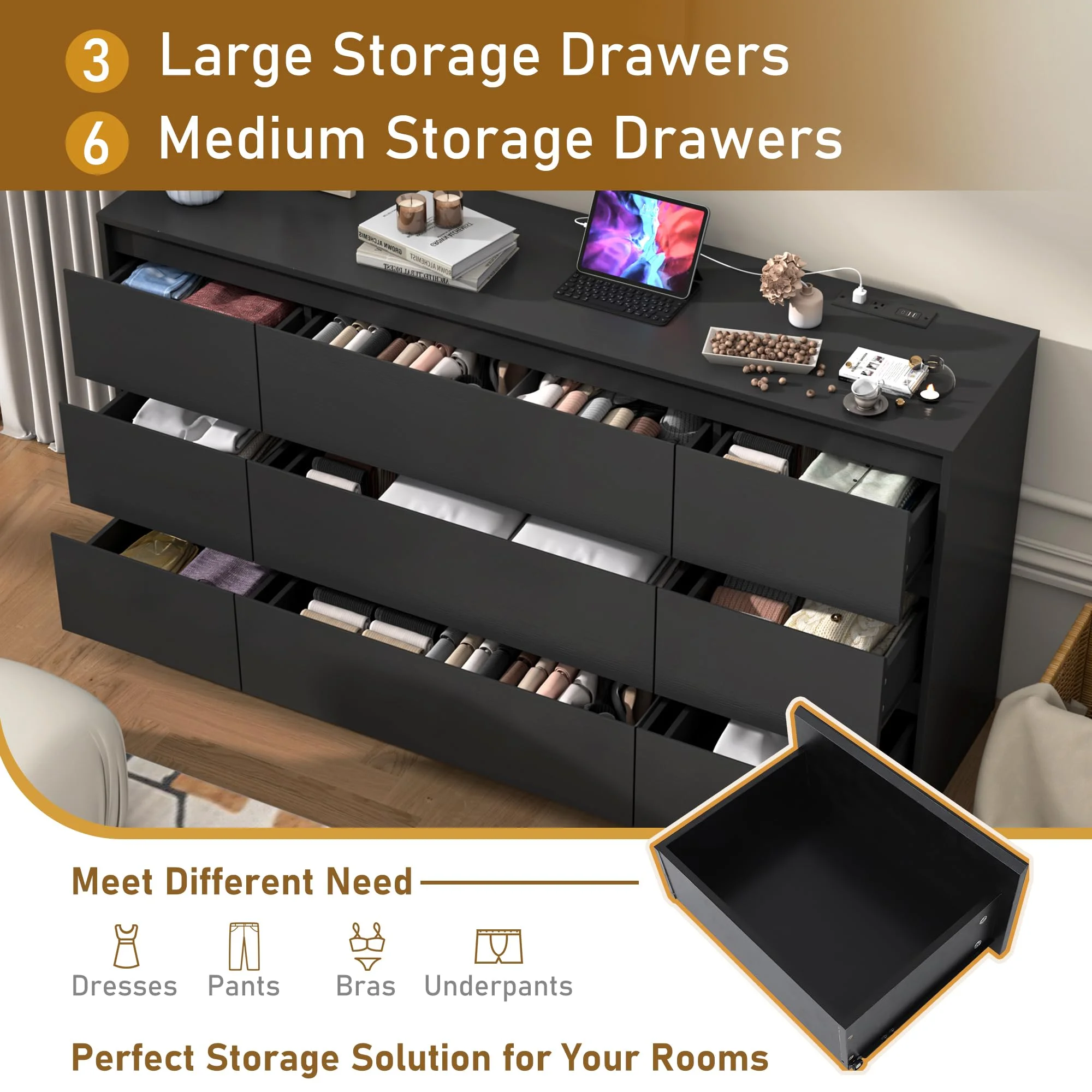 ChVans Black 9 Drawers Dresser with Charging Station, 63