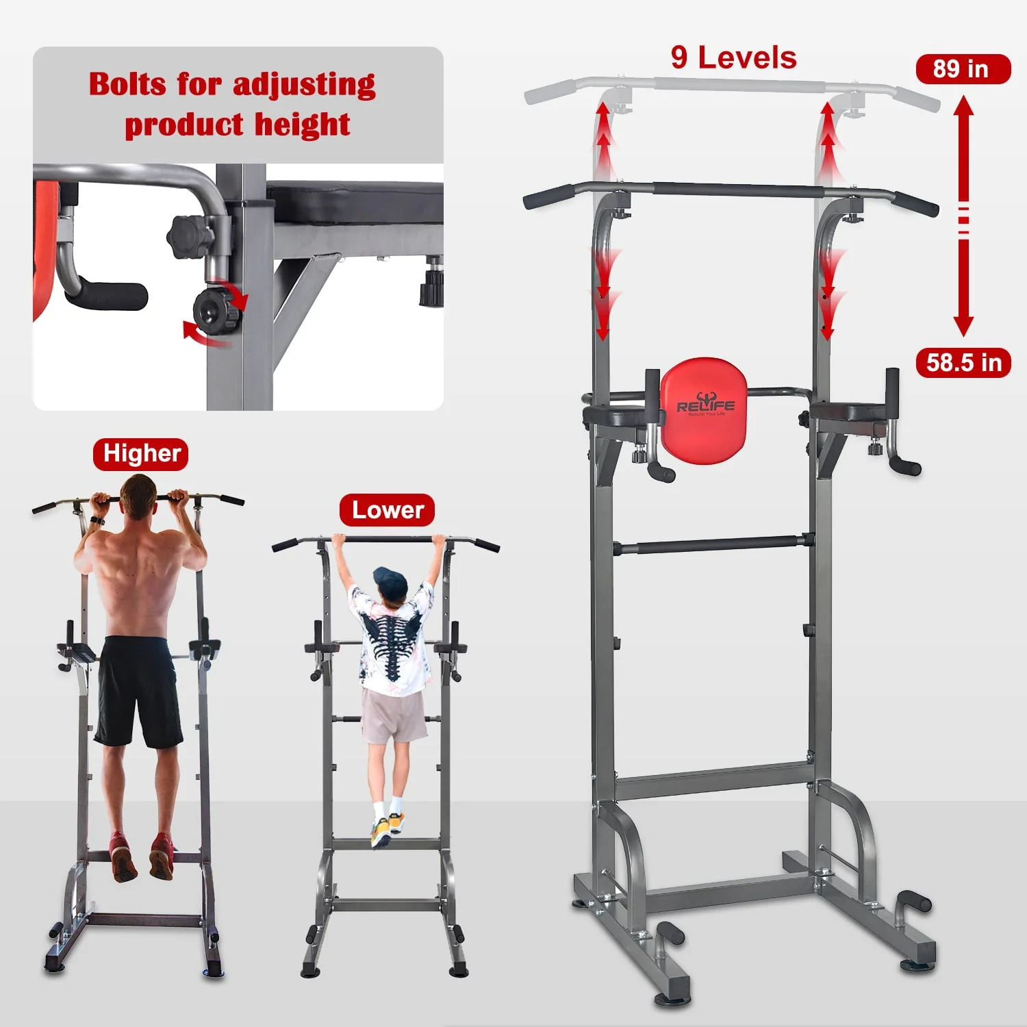 Multifunction Power Tower Dip Station Pull up Bar for Home Gym Strength Training Workout RELIFE REBUILD YOUR LIFE