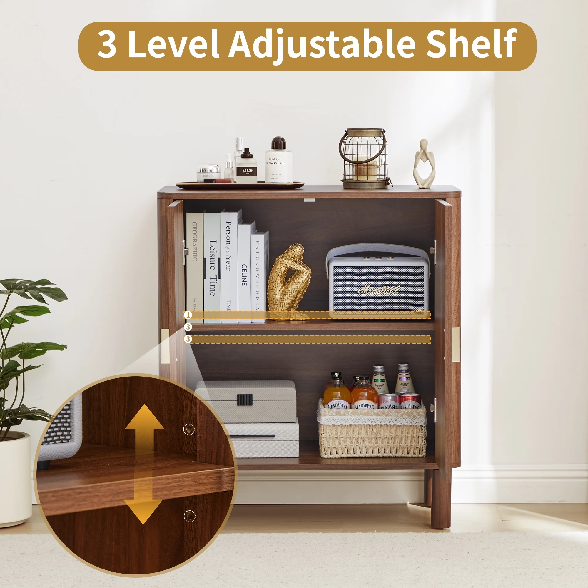 Accent Cabinet with Round Carved Line Door for Entryway Hallway, Walnut Sideboard Buffet Cabinet, Storage Cabinet with Adjustable Shelves for Living Room