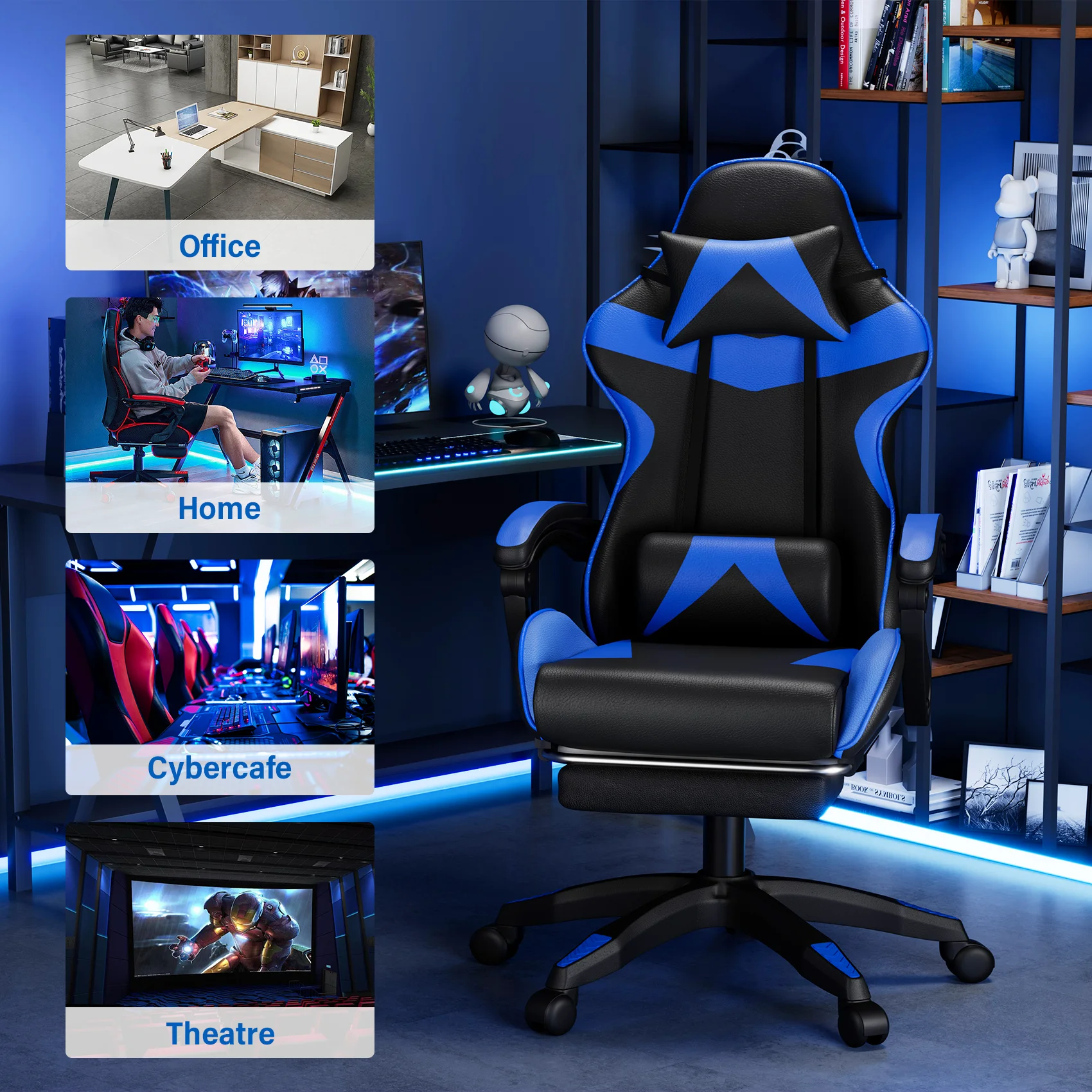 Mr IRONSTONE Office Gaming Chair with Footrest & Lumbar Support, Ergonomic Adjustable Computer Chair with Swivel Seat & Headrest, Blue