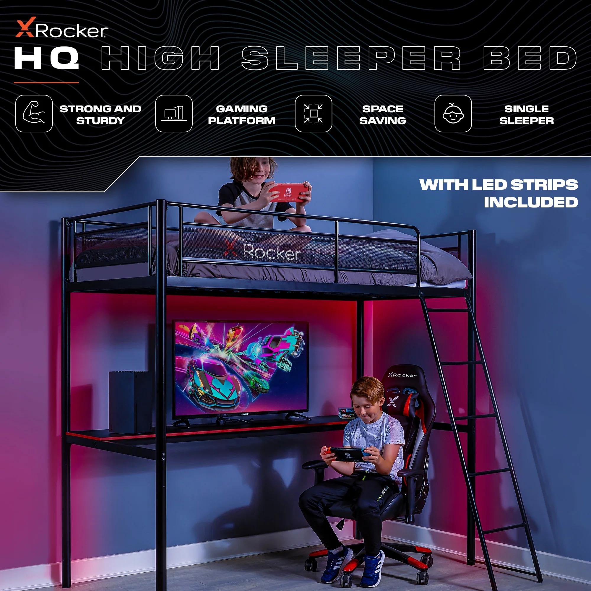 X Rocker HQ Gaming Bunk Bed with LED Lighting, Black, Twin