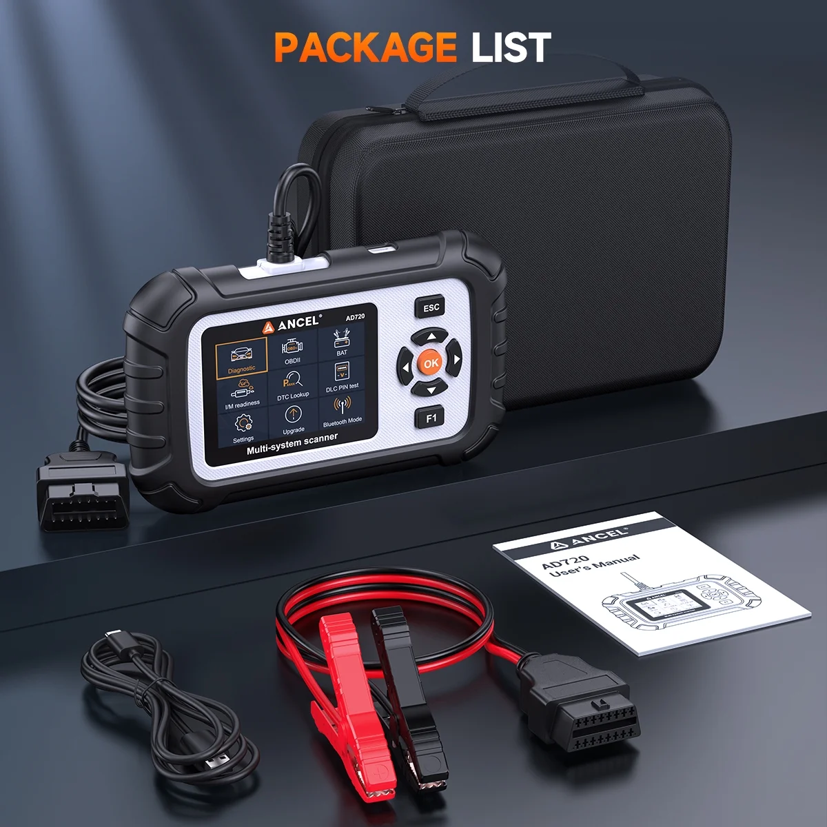 ANCEL AD720 OBD2 Scanner Bidirectional 4 System ABS SRS Transmission Airbag Car Diagnostic Scan Tool,  12V Battery Tester Code Reader for All Cars